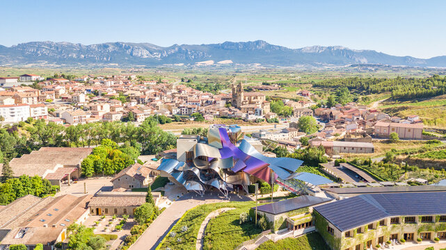 elciego, Spain. 13th july, 2020: aerial view of elciego town in la rioja, Spain