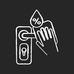 Door knob disinfection chalk white icon on black background. Home sterilization, surface cleaning, house cleansing. Door handle and antibacterial wipe isolated vector chalkboard illustration