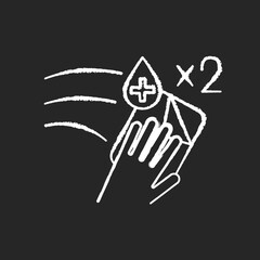 Wipe twice rule chalk white icon on black background. Disinfection method, surface cleaning guidance, hygiene. Antibacterial tissue, antiseptic napkin isolated vector chalkboard illustration