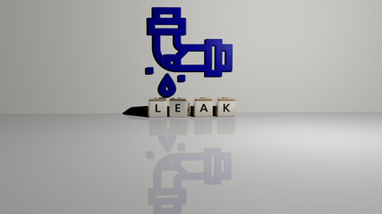 3D illustration of leak graphics and text made by metallic dice letters for the related meanings of the concept and presentations. background and light