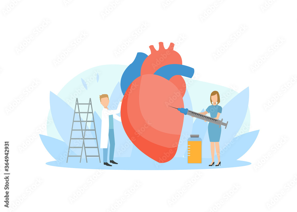 Sticker Tiny Doctors Examining and Injecting Huge Heart, Healthcare, Transplantation, Doctor Doing Medical Research Vector Illustration