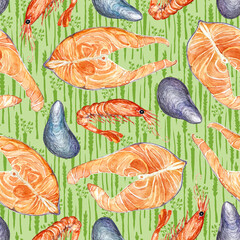 Watercolor seamless pattern with seafood, illustration of salmon, shrimps and mussels