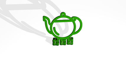 3D representation of tea with icon on the wall and text arranged by metallic cubic letters on a mirror floor for concept meaning and slideshow presentation. background and cup