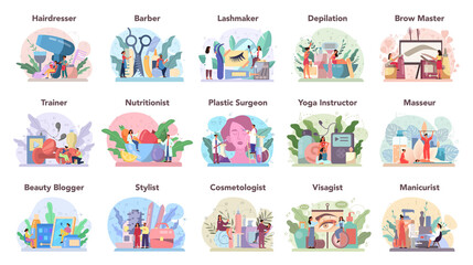 Beauty service and profession set. Beauty salon procedure. Masseur,