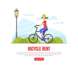 Bicycle Rent Landing Page Template, Girl Riding a Bicycle, Physical Activity Outdoors Vector Illustration