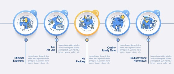 Staycationing advantages vector infographic template. Quality family time. Presentation design elements. Data visualization with 5 steps. Process timeline chart. Workflow layout with linear icons