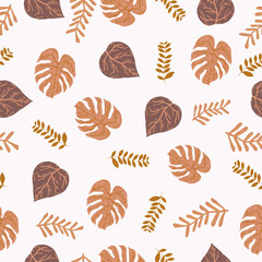 Leaf orange and chocolate color vector seamless pattern. Beautiful orange and chocolate leaf retro background. The elegant fabric on light background Surface pattern design.