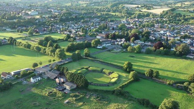 Aerial view of the Welsh town Caerleon in Wales, home of the Roman Amphitheatre