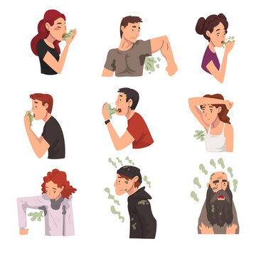 Bad Smelling People Collection, Men and Women Having Having Bad Breath and Personal Hygiene Problems Vector Illustration