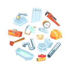 Professional Plumber Equipment of Round Shape, Flyer, Poster or Banner Design Element Vector Illustration