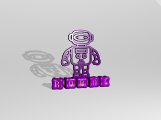 3D graphical image of ROBOT vertically along with text built by metallic cubic letters from the top perspective, excellent for the concept presentation and slideshows. illustration and artificial