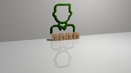 3D graphical image of user vertically along with text built by metallic cubic letters from the top perspective, excellent for the concept presentation and slideshows. illustration and icon