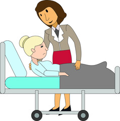 woman helps an elderly woman get up from bed in hospital home helping seek people social worker