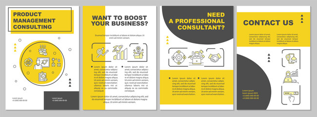 Product management consultants brochure template. Consulting service. Flyer, booklet, leaflet print, cover design with linear icons. Vector layouts for magazines, annual reports, advertising posters