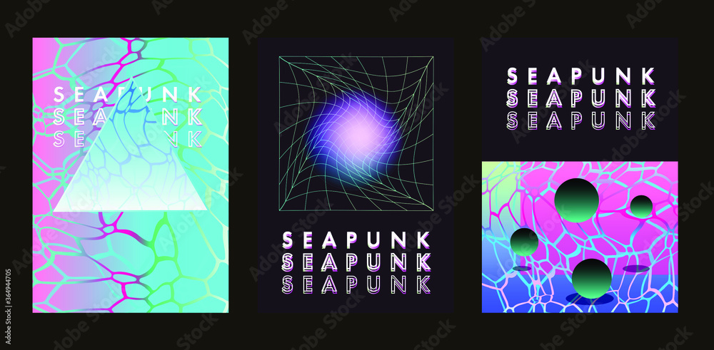 Aufkleber seapunk vaporwave style posters with surreal composition of geometric shapes, laser neon grid and oc
