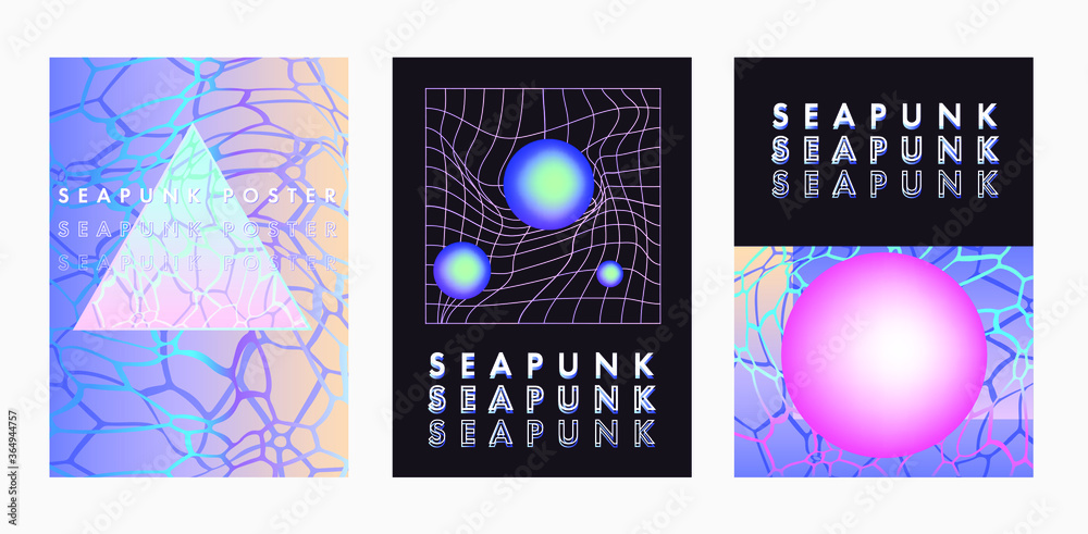 Aufkleber seapunk vaporwave style posters with surreal composition of geometric shapes, laser neon grid and oc