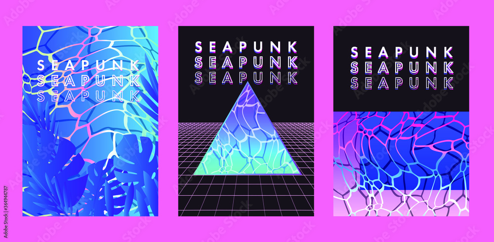 Aufkleber seapunk vaporwave style posters with surreal composition of geometric shapes, laser neon grid and oc