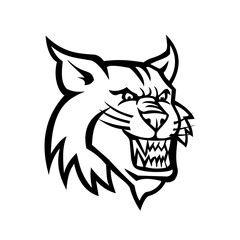 Angry Bobcat or Canadian Lynx Head Mascot Black and White