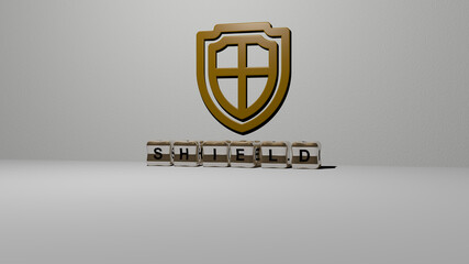 3D graphical image of SHIELD vertically along with text built by metallic cubic letters from the top perspective, excellent for the concept presentation and slideshows. illustration and icon