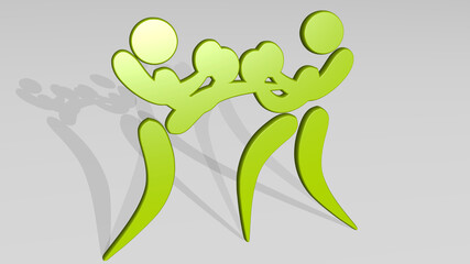 BOXING SPORT stand with shadow. 3D illustration of metallic sculpture over a white background with mild texture. boxer and gloves