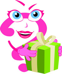 Wonderful funny female question mark character girl lady woman cartoon giving holding a gift box presentation for your business success lover fiance boyfriend Christmas eid holiday occasion