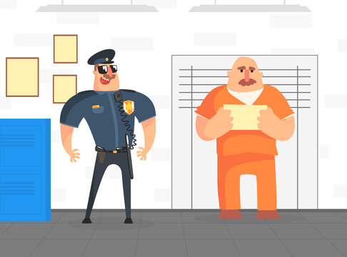 Prisoner Posing for Police Mugshot in Orange Uniform, Police Department Interior Vector Illustration