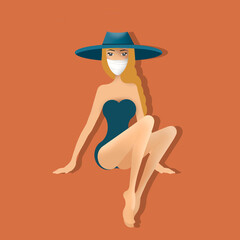 
Girl in a medical mask and a swimsuit. tourist in flat style on orange background. Character for banners, books, comics, news and blogs.