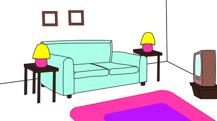 Wonderful illustration of a Room background sofa lamps picture frames TV television rugs carpet