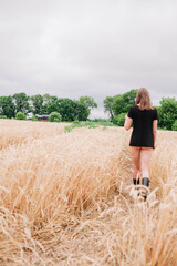 Beautiful, slender girl in a field of wheat against the rain sky