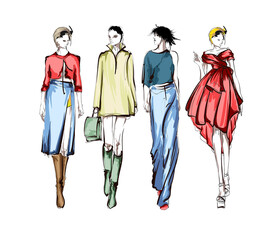 Beautiful young women in modern style.. Hand drawn stylish woman portrait. Fashion lady. Festive outfit. Sketch. Fashion model posing in dress. Hand drawn fashion woman.