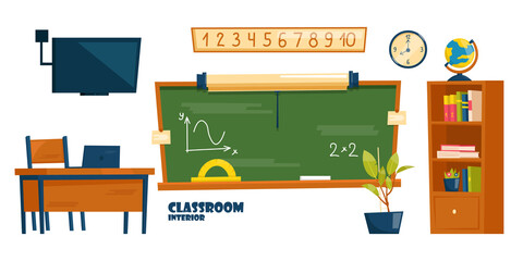 School Classroom Interior. Empty class for study, interior with chalkboard and teachers desk. Vector cartoon illustration. © FineVector
