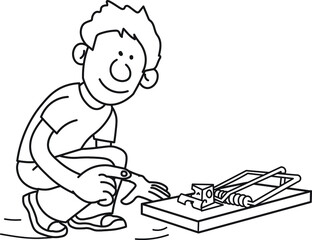 Young boy setting up a mouse trap with a piece of cheese inside watching looking carefully