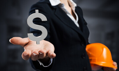 Businesswoman holds in palm 3d dollar sign