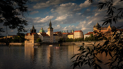 Dramatic sunset in Prague, Czech Republic. View from Hunter Island and Charles bridge.