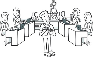 Young energetic engineer manager ceo director chairman doctor researcher scientist introducing his team in his office lab people working on laptop desk chemical