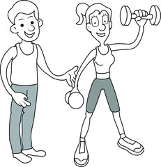 Young male Personal trainer giving training to a slim girl to perform exercise using dumbbells body fitness building health care