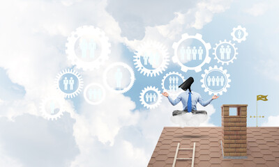 Concept of security and privacy protection with camera headed man meditating