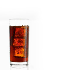 Fototapeta na wymiar Glass of cola with ice on a white background