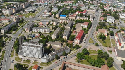 Aerial panorama of the historic city of Lida with a castle. Belarus.