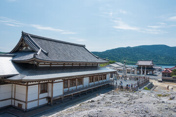 Fototapeta na wymiar Beautiful scenic view from Osorezan Bodaiji Temple in Mutsu, Aomori, Japan. founded in 862 AD by the famed monk Ennin, a famous historic site.