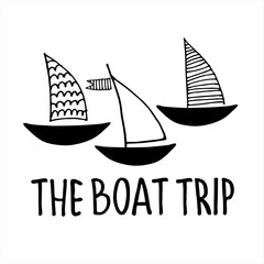 Boat trips logo. Boat sightseeing tours, sea or river cruise routes banner. Yacht hand drawn vector illustrations with hand lettering