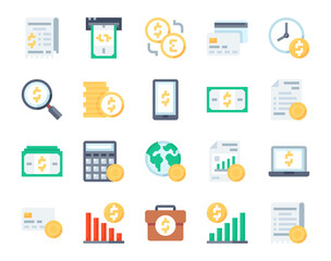 Business and Finance Flat Icon Set. Money and Payment Color Icons. Banking and Dollar Colorful Icon Collection.
