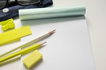 Material set for writing and drawing on white floor