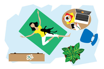 Joyful girl freelancer relax. Home interior with furniture, flowers, coffee, laptop.Top view, flat style.