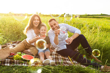 Happy family playing together on a picnic in meadow