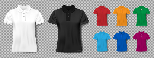 Colorful realistic slim male polo shirt design template. Set of short sleeve shirts for sport, men classic polo. Vector illustration
