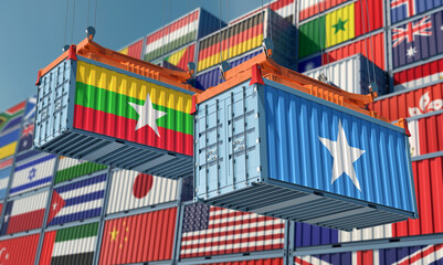 Freight containers with Somalia and Myanmar flag. 3D Rendering 