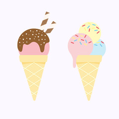 Ice cream in bright cartoon style. Sweet summer desserts vector illustrations. Tasty sweet ice-cream with chocolate and sprinkling topping