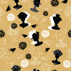 Vector Art deco silhouette line art tea party seamless repeat background pattern.
