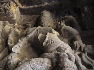 Beautiful stone carvings, Ellora Caves, Aurangabad, Maharashtra, Western India, India